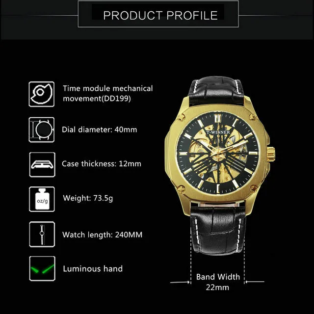 Luxury Brand mens Watches Automatic Skeleton Mechanical Genuine Leather Strap WINNER Wristwatch