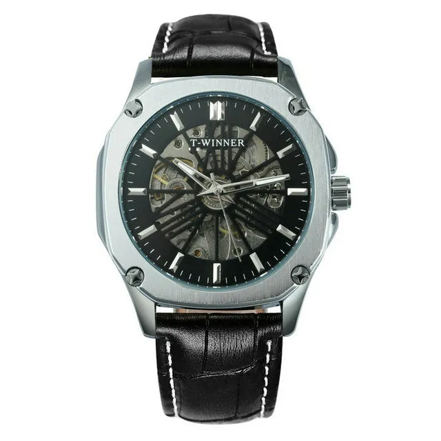 Luxury Brand mens Watches Automatic Skeleton Mechanical Genuine Leather Strap WINNER Wristwatch