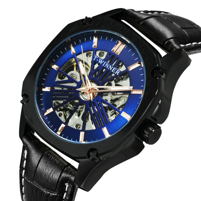 Luxury Brand mens Watches Automatic Skeleton Mechanical Genuine Leather Strap WINNER Wristwatch