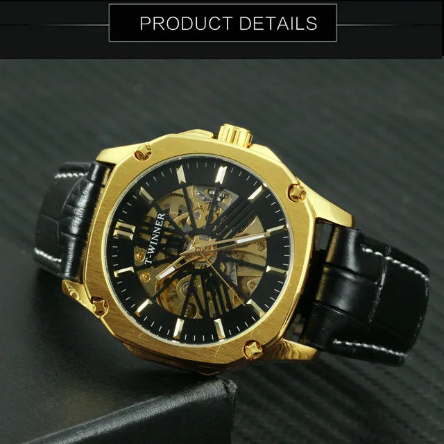 Luxury Brand mens Watches Automatic Skeleton Mechanical Genuine Leather Strap WINNER Wristwatch