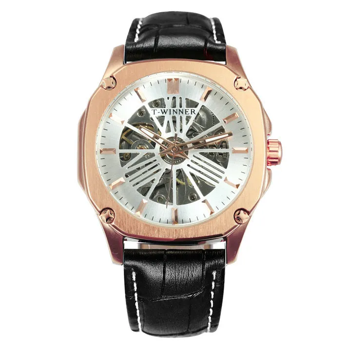 Luxury Brand mens Watches Automatic Skeleton Mechanical Genuine Leather Strap WINNER Wristwatch