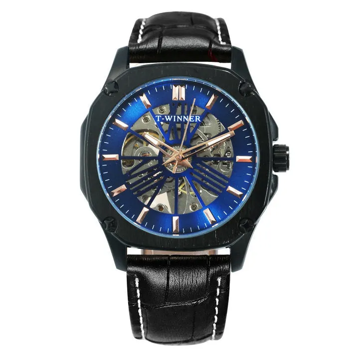 Luxury Brand mens Watches Automatic Skeleton Mechanical Genuine Leather Strap WINNER Wristwatch