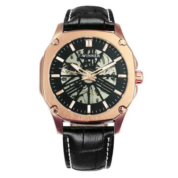 Luxury Brand mens Watches Automatic Skeleton Mechanical Genuine Leather Strap WINNER Wristwatch