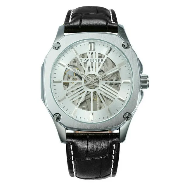 Luxury Brand mens Watches Automatic Skeleton Mechanical Genuine Leather Strap WINNER Wristwatch