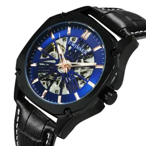 Luxury Brand mens Watches Automatic Skeleton Mechanical Genuine Leather Strap WINNER Wristwatch