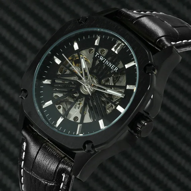 Luxury Brand mens Watches Automatic Skeleton Mechanical Genuine Leather Strap WINNER Wristwatch