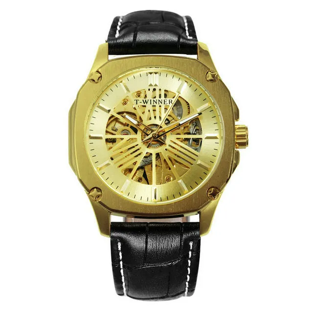 Luxury Brand mens Watches Automatic Skeleton Mechanical Genuine Leather Strap WINNER Wristwatch