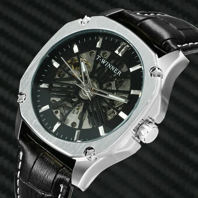 Luxury Brand mens Watches Automatic Skeleton Mechanical Genuine Leather Strap WINNER Wristwatch