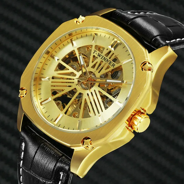 Luxury Brand mens Watches Automatic Skeleton Mechanical Genuine Leather Strap WINNER Wristwatch