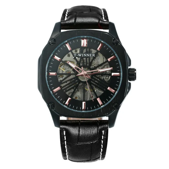 Luxury Brand mens Watches Automatic Skeleton Mechanical Genuine Leather Strap WINNER Wristwatch