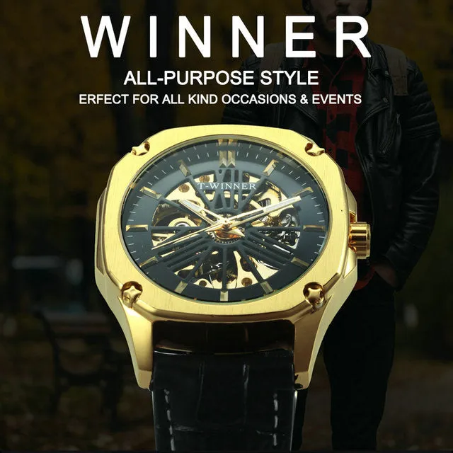 Luxury Brand mens Watches Automatic Skeleton Mechanical Genuine Leather Strap WINNER Wristwatch