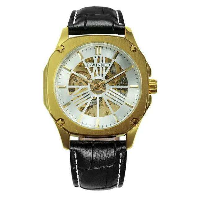 Luxury Brand mens Watches Automatic Skeleton Mechanical Genuine Leather Strap WINNER Wristwatch