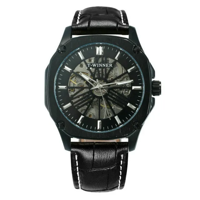 Luxury Brand mens Watches Automatic Skeleton Mechanical Genuine Leather Strap WINNER Wristwatch