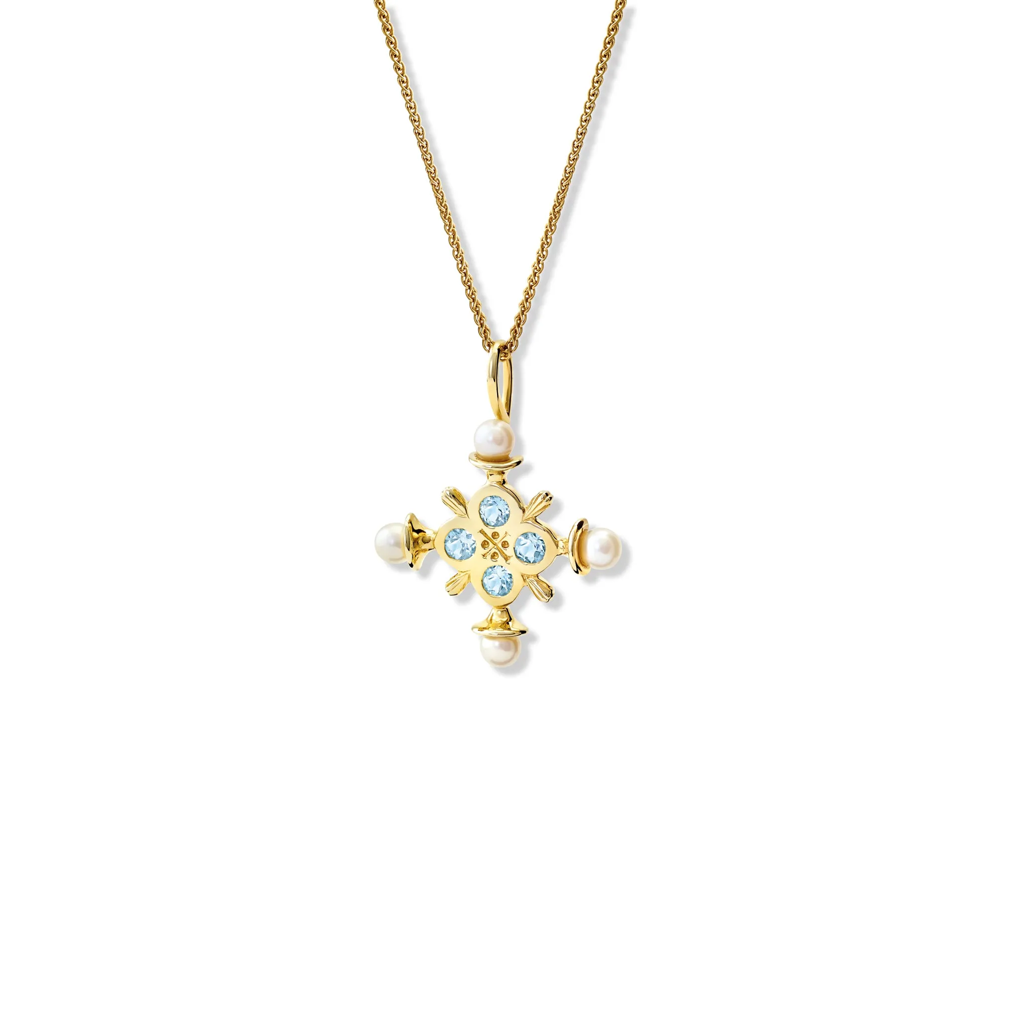 Madrid Small Cross Pendant Yellow Gold - Blue Topaz & Pearl