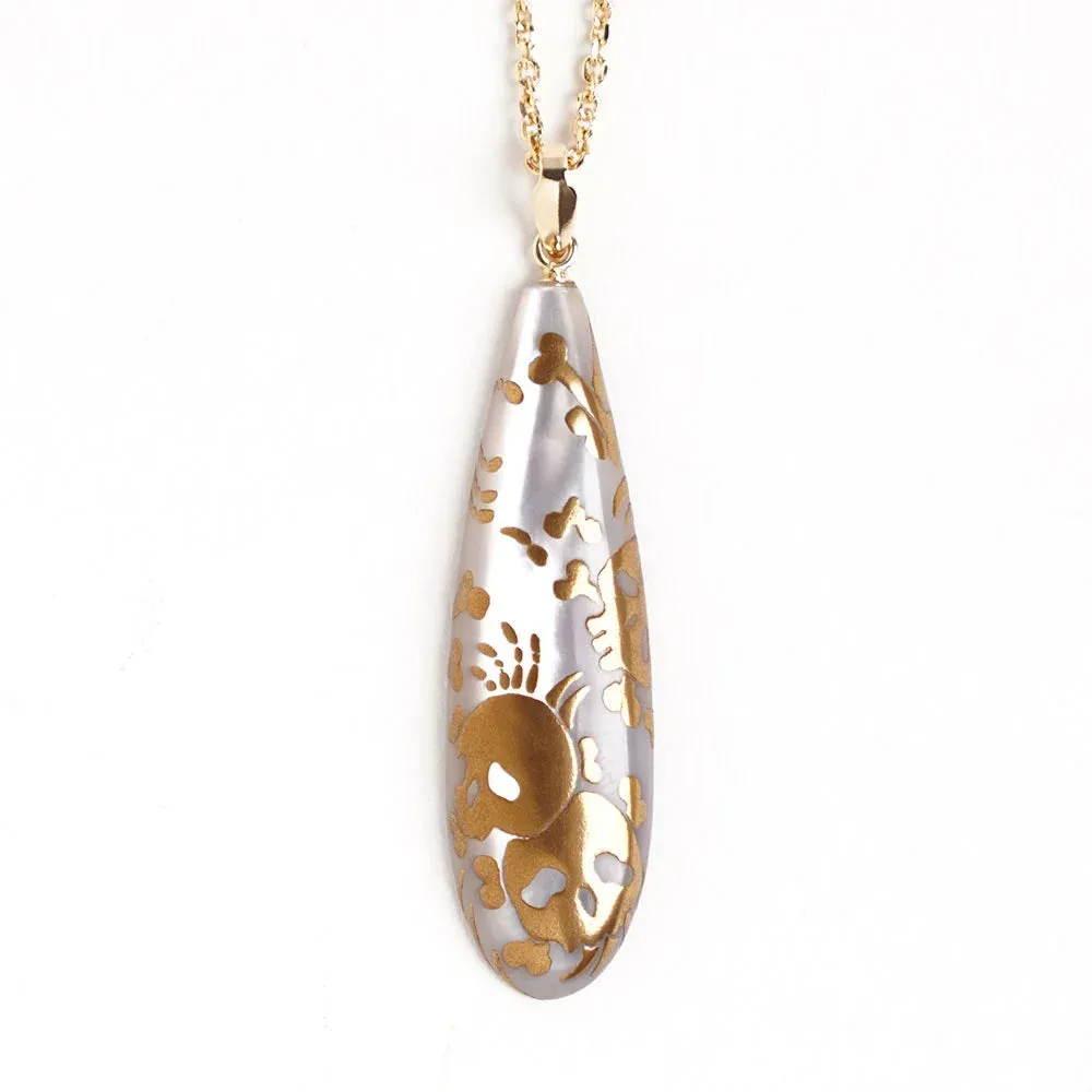 Maki-e Urushi Lacquer Pendant Necklace - White South Sea Pearl Shell / Skull -, Traditional Japanese Urushi Lacquer Jewelry