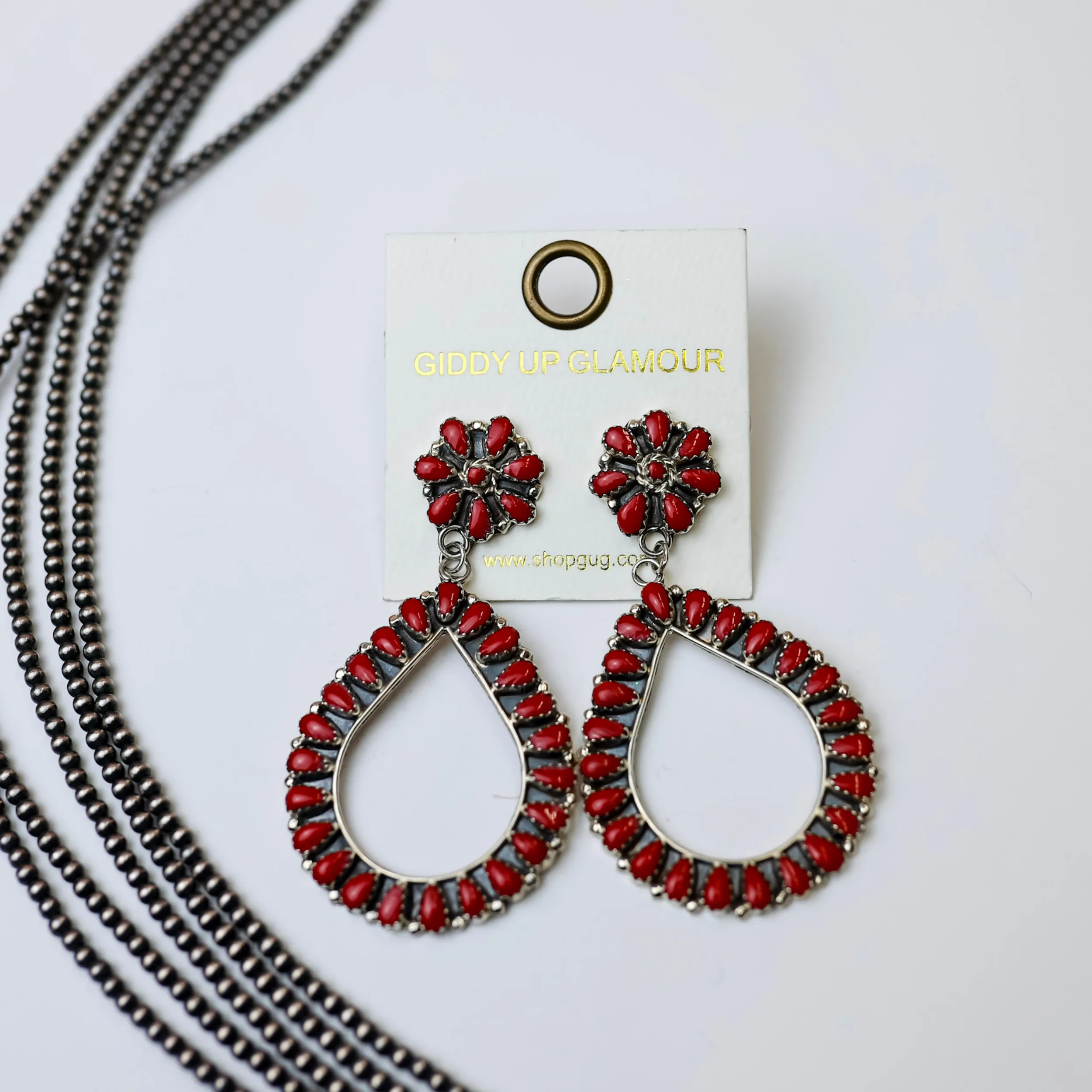 Maria Benten | Navajo Handmade Sterling Silver Flower Cluster Earring with Dangle Teardrop in Maroon Coral