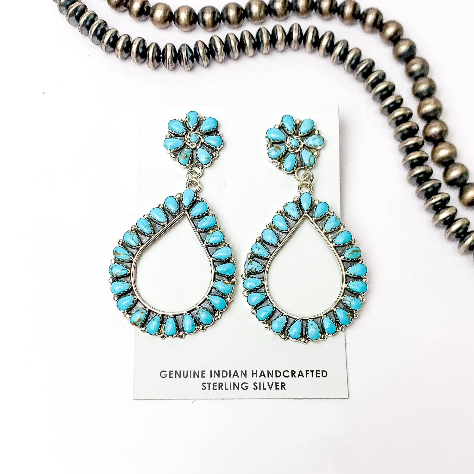 Matilda Benally | Navajo Handmade Sterling Silver Flower Cluster Earring with Dangle Teardrop in Turquoise