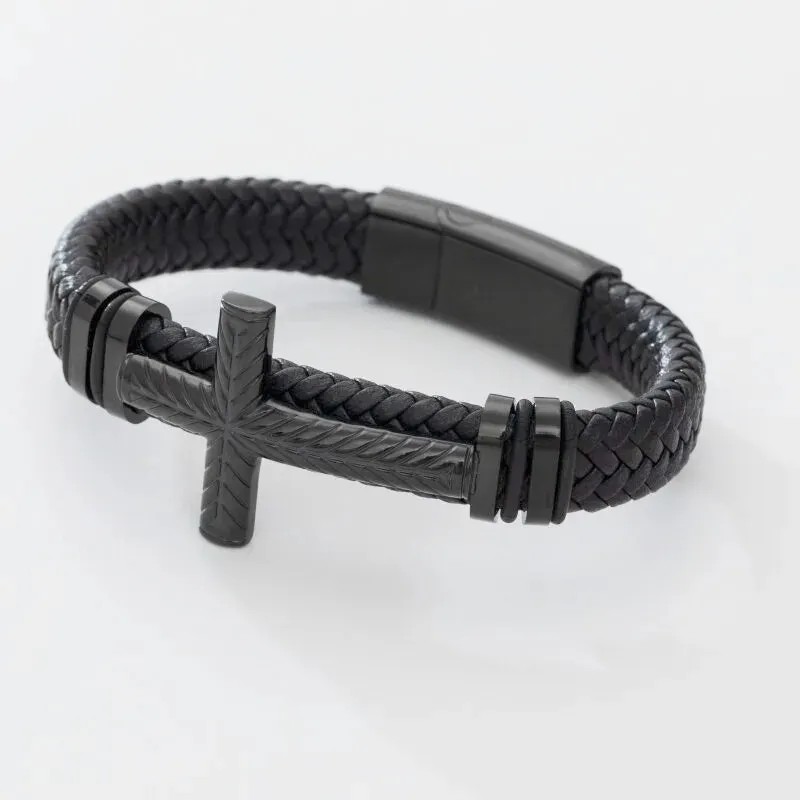 Men's Fashion Classic Black Woven Leather Inlaid Cross Magnetic Hidden Safety Buckle Business Casual Gift Bracelet