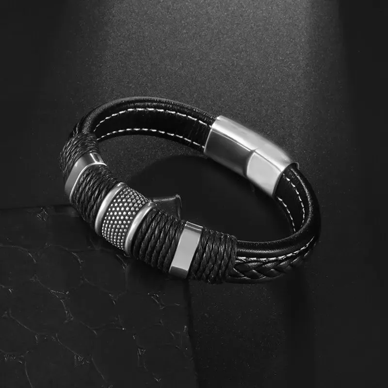 Men's Fashion Classic Black Woven Leather Inlaid Cross Magnetic Hidden Safety Buckle Business Casual Gift Bracelet