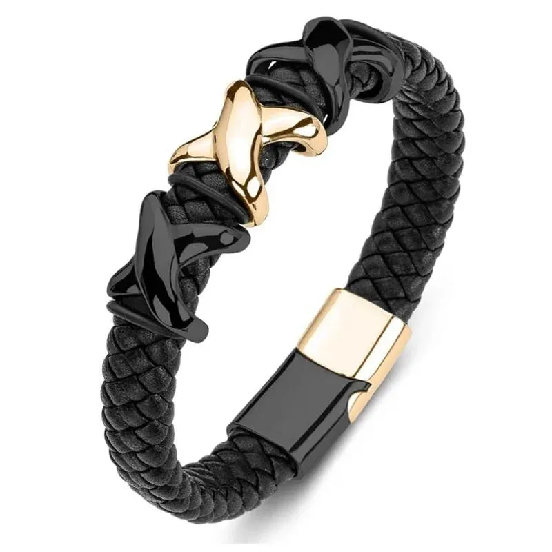 Men's Fashion Classic Black Woven Leather Inlaid Cross Magnetic Hidden Safety Buckle Business Casual Gift Bracelet