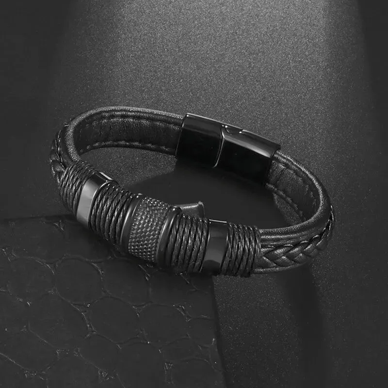 Men's Fashion Classic Black Woven Leather Inlaid Cross Magnetic Hidden Safety Buckle Business Casual Gift Bracelet