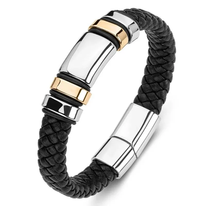 Men's Fashion Classic Black Woven Leather Inlaid Cross Magnetic Hidden Safety Buckle Business Casual Gift Bracelet