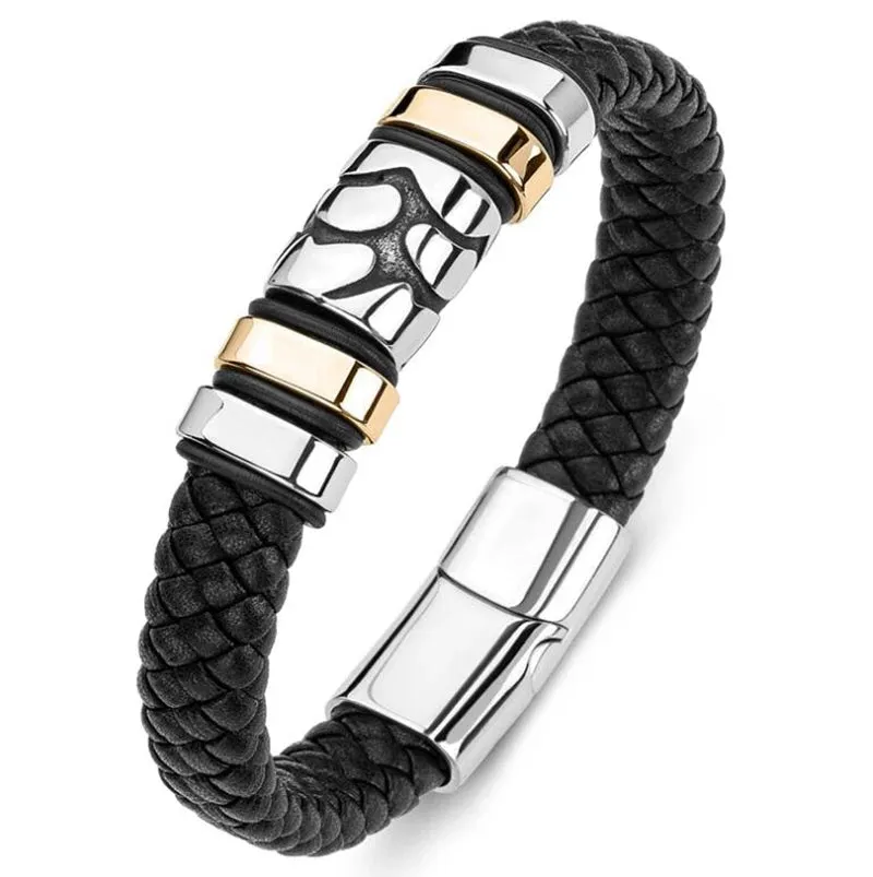 Men's Fashion Classic Black Woven Leather Inlaid Cross Magnetic Hidden Safety Buckle Business Casual Gift Bracelet