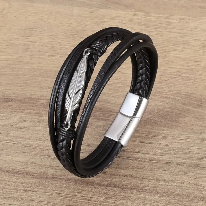 Men's Fashion Classic Black Woven Leather Inlaid Cross Magnetic Hidden Safety Buckle Business Casual Gift Bracelet