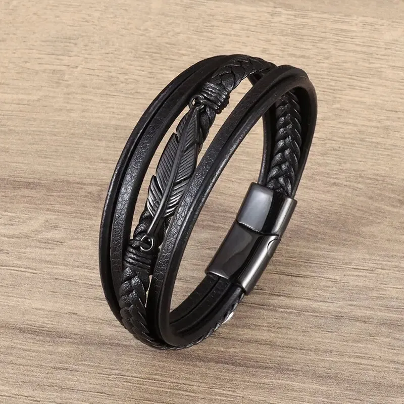 Men's Fashion Classic Black Woven Leather Inlaid Cross Magnetic Hidden Safety Buckle Business Casual Gift Bracelet