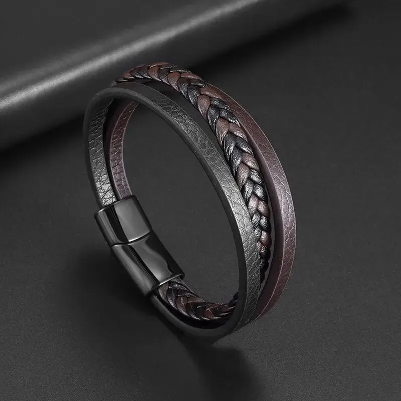 Men's Fashion Classic Black Woven Leather Inlaid Cross Magnetic Hidden Safety Buckle Business Casual Gift Bracelet