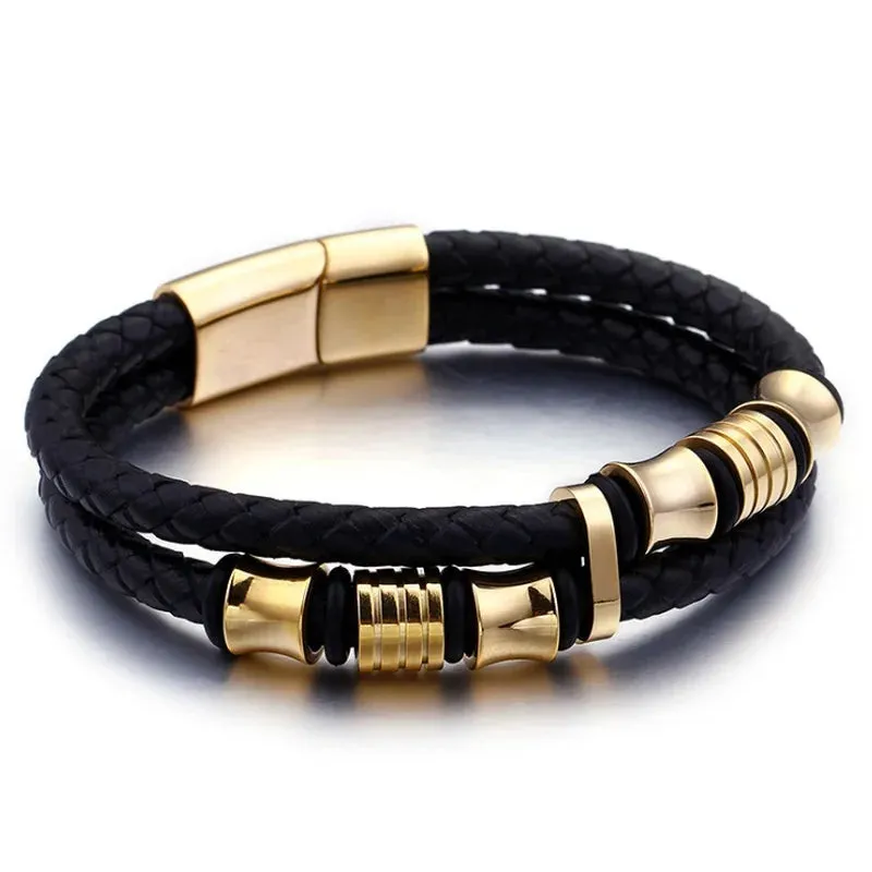 Men's Fashion Classic Black Woven Leather Inlaid Cross Magnetic Hidden Safety Buckle Business Casual Gift Bracelet