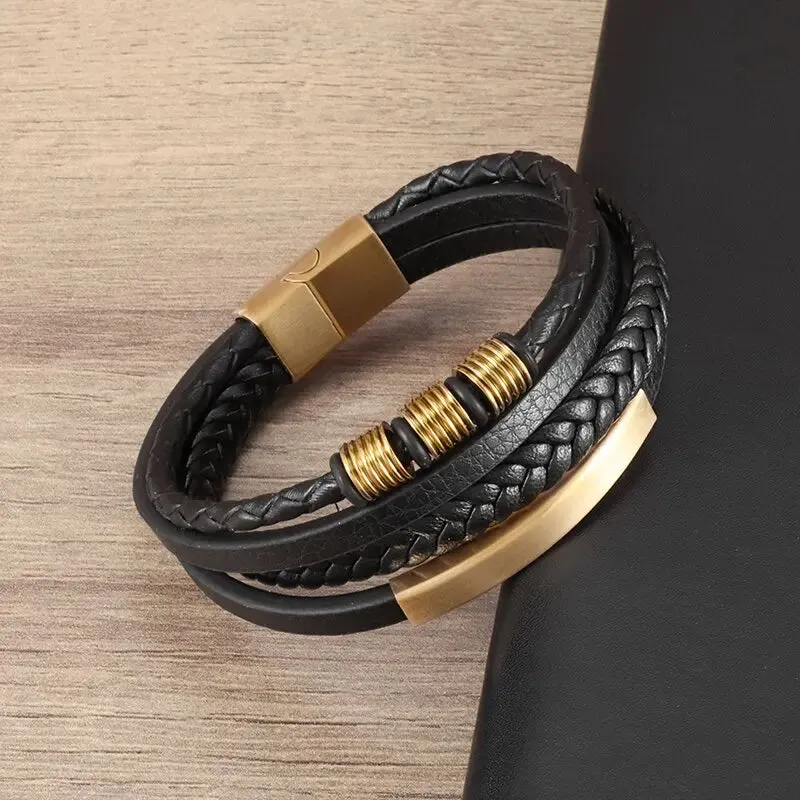 Men's Fashion Classic Black Woven Leather Inlaid Cross Magnetic Hidden Safety Buckle Business Casual Gift Bracelet