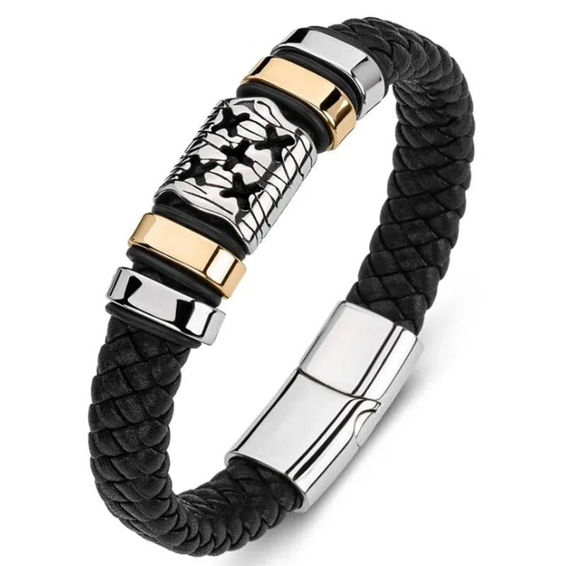 Men's Fashion Classic Black Woven Leather Inlaid Cross Magnetic Hidden Safety Buckle Business Casual Gift Bracelet