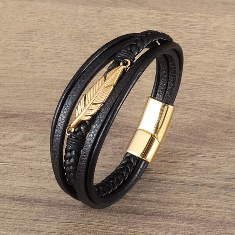 Men's Fashion Classic Black Woven Leather Inlaid Cross Magnetic Hidden Safety Buckle Business Casual Gift Bracelet