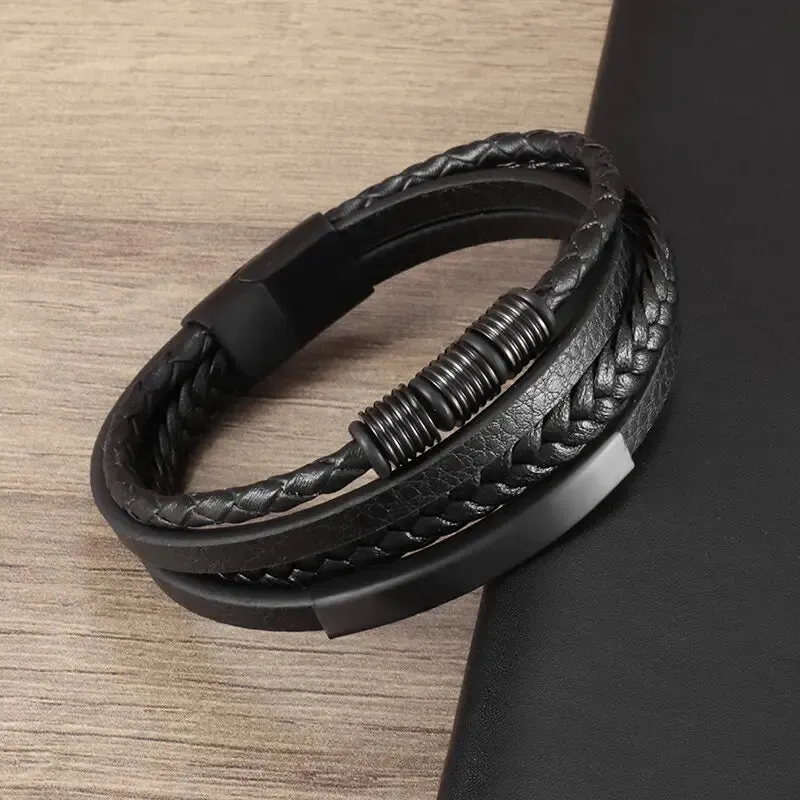 Men's Fashion Classic Black Woven Leather Inlaid Cross Magnetic Hidden Safety Buckle Business Casual Gift Bracelet