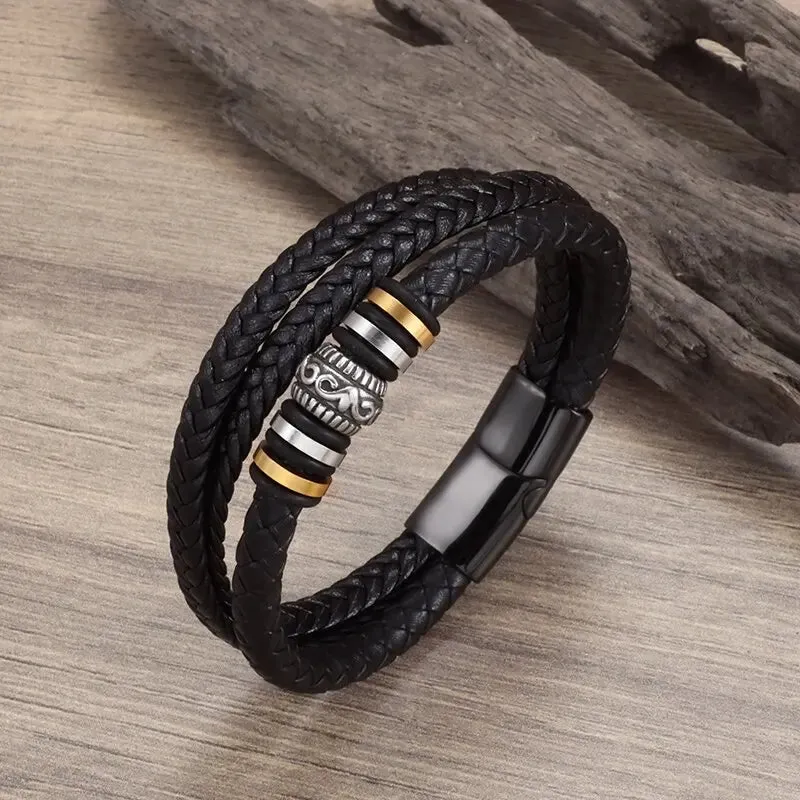 Men's Fashion Classic Black Woven Leather Inlaid Cross Magnetic Hidden Safety Buckle Business Casual Gift Bracelet