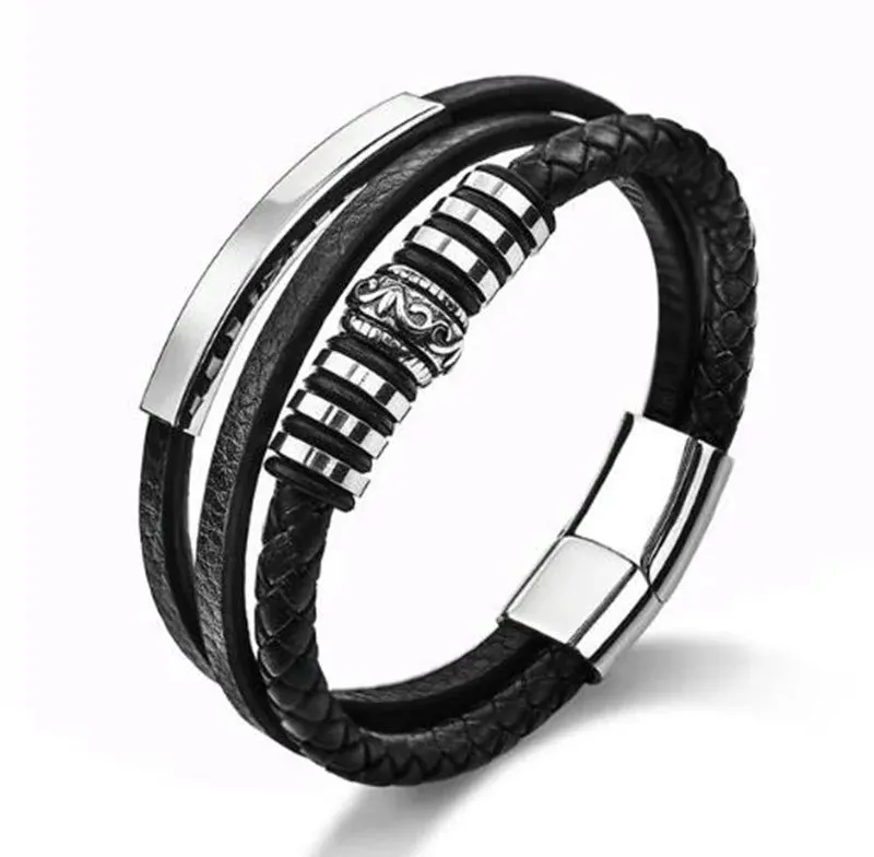 Men's Fashion Classic Black Woven Leather Inlaid Cross Magnetic Hidden Safety Buckle Business Casual Gift Bracelet