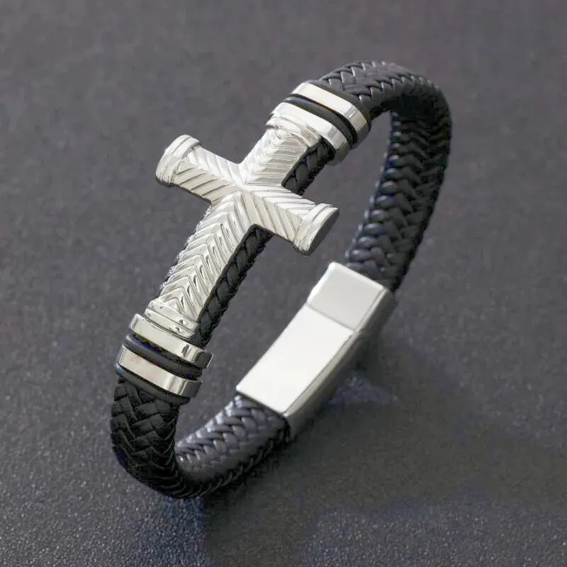 Men's Fashion Classic Black Woven Leather Inlaid Cross Magnetic Hidden Safety Buckle Business Casual Gift Bracelet