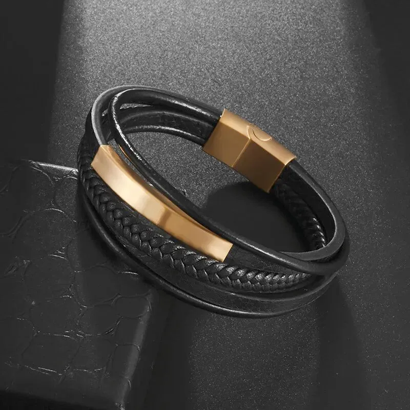 Men's Fashion Classic Black Woven Leather Inlaid Cross Magnetic Hidden Safety Buckle Business Casual Gift Bracelet