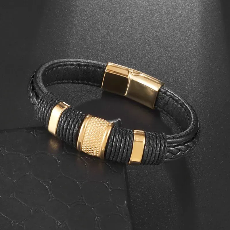 Men's Fashion Classic Black Woven Leather Inlaid Cross Magnetic Hidden Safety Buckle Business Casual Gift Bracelet