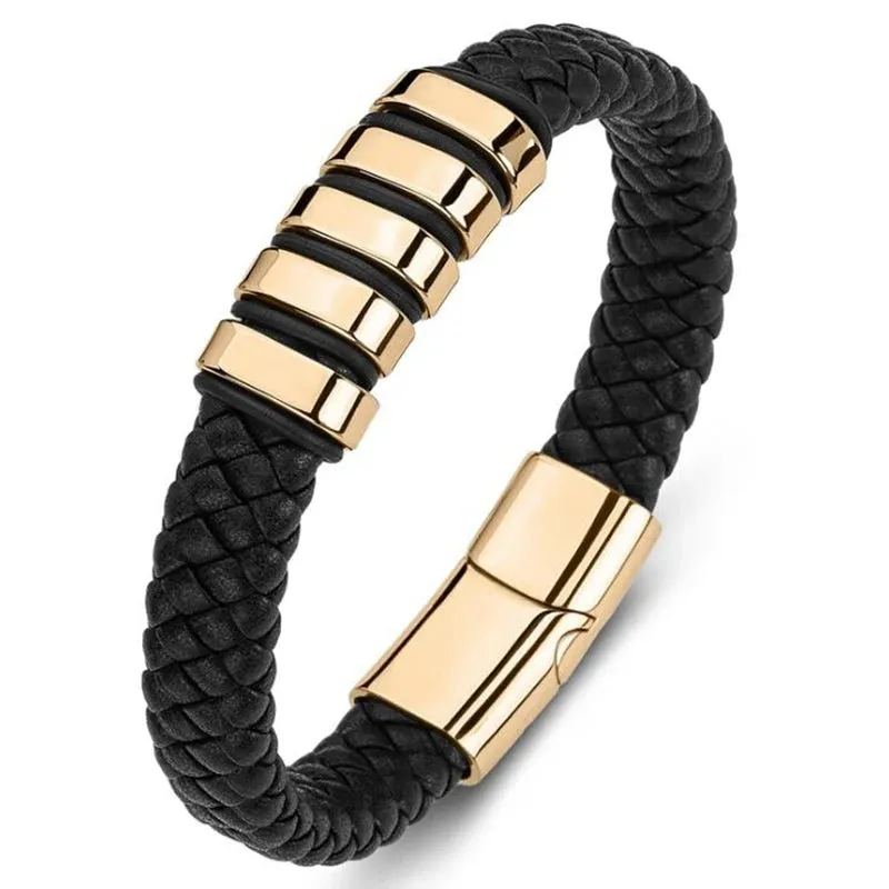 Men's Fashion Classic Black Woven Leather Inlaid Cross Magnetic Hidden Safety Buckle Business Casual Gift Bracelet