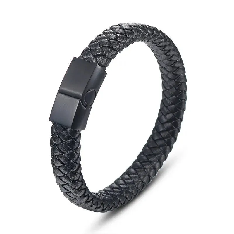 Men's Fashion Classic Black Woven Leather Inlaid Cross Magnetic Hidden Safety Buckle Business Casual Gift Bracelet