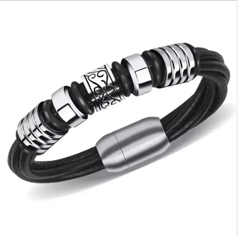 Men's Fashion Classic Black Woven Leather Inlaid Cross Magnetic Hidden Safety Buckle Business Casual Gift Bracelet