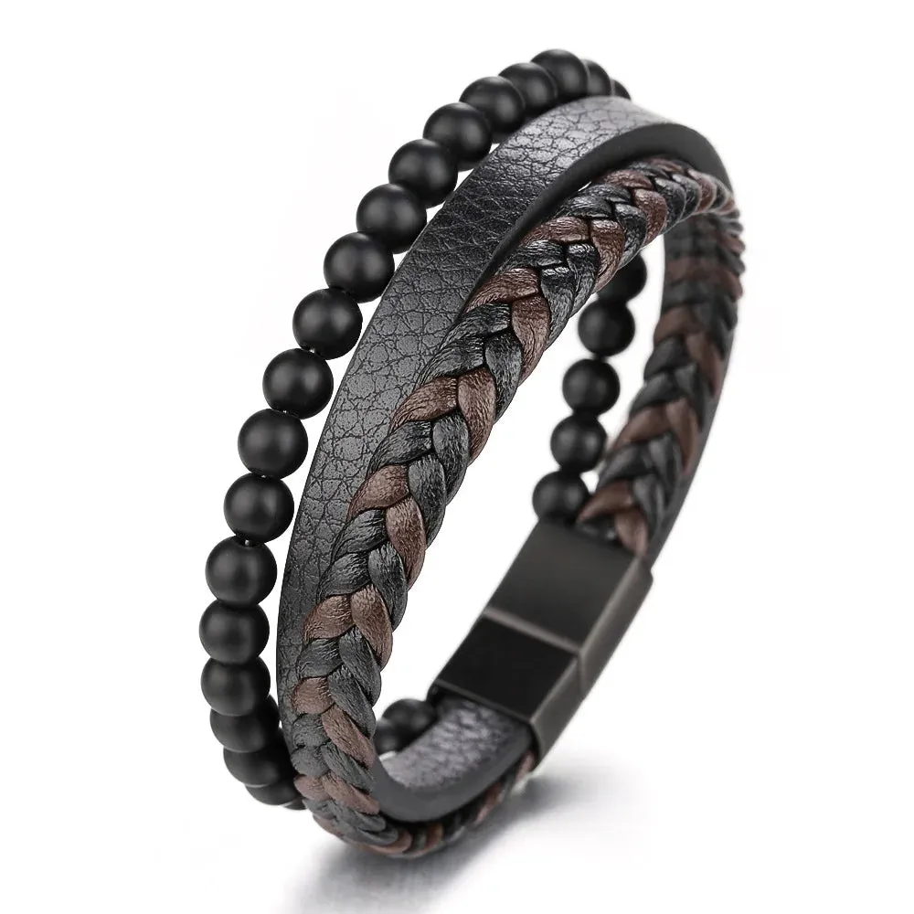 Men's Fashion Classic Black Woven Leather Inlaid Cross Magnetic Hidden Safety Buckle Business Casual Gift Bracelet