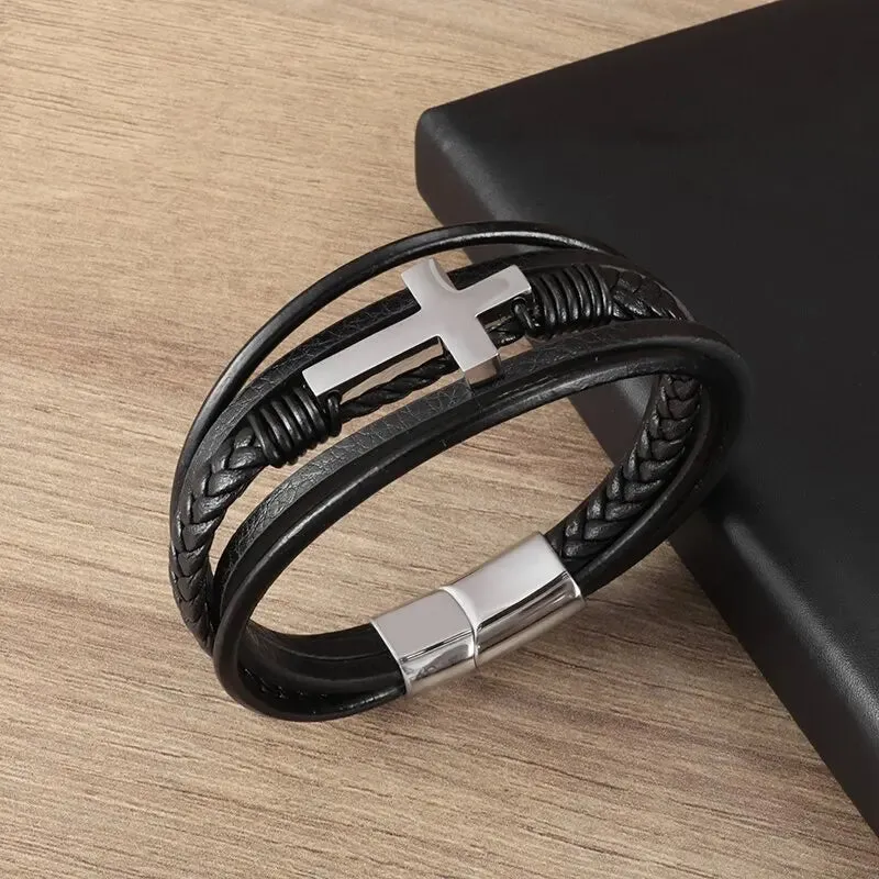 Men's Fashion Classic Black Woven Leather Inlaid Cross Magnetic Hidden Safety Buckle Business Casual Gift Bracelet