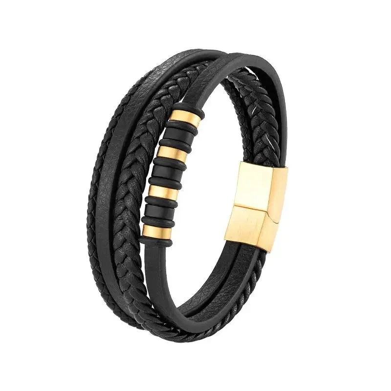 Men's Fashion Classic Black Woven Leather Inlaid Cross Magnetic Hidden Safety Buckle Business Casual Gift Bracelet