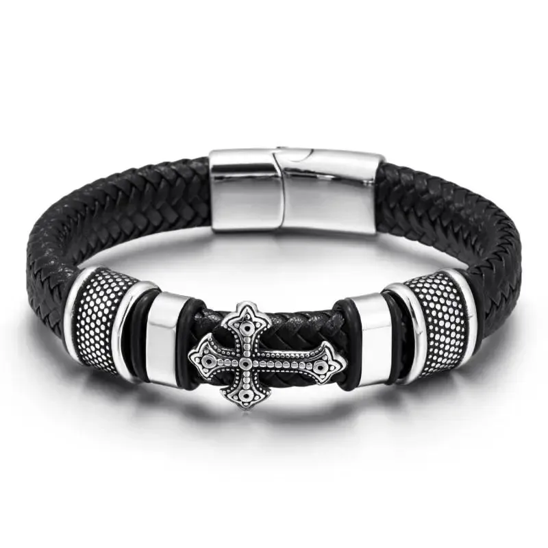 Men's Fashion Classic Black Woven Leather Inlaid Cross Magnetic Hidden Safety Buckle Business Casual Gift Bracelet