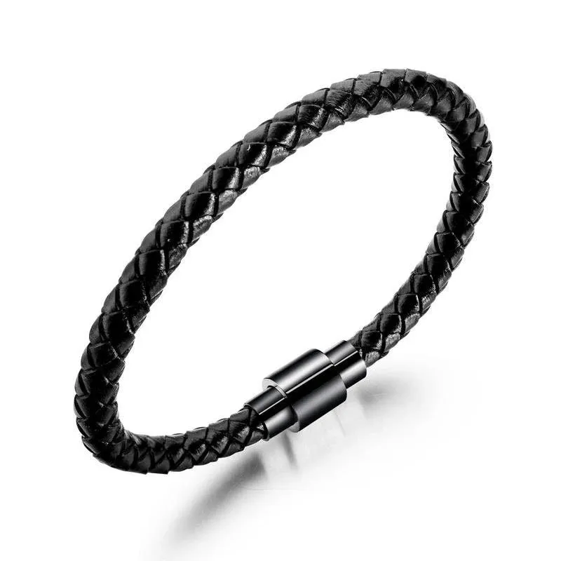 Men's Fashion Classic Black Woven Leather Inlaid Cross Magnetic Hidden Safety Buckle Business Casual Gift Bracelet