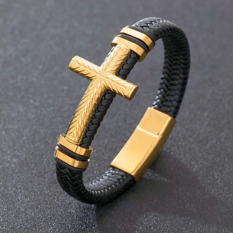 Men's Fashion Classic Black Woven Leather Inlaid Cross Magnetic Hidden Safety Buckle Business Casual Gift Bracelet