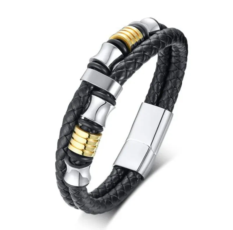 Men's Fashion Classic Black Woven Leather Inlaid Cross Magnetic Hidden Safety Buckle Business Casual Gift Bracelet